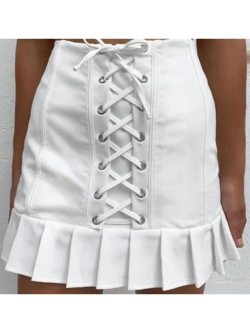 Tiger Mist White Lace Up Mini Skirt Pleated Ruffle Hem Grommet Corset Front M